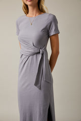 Grey Short Sleeve Waist Tie Side Slit Maxi Dress
