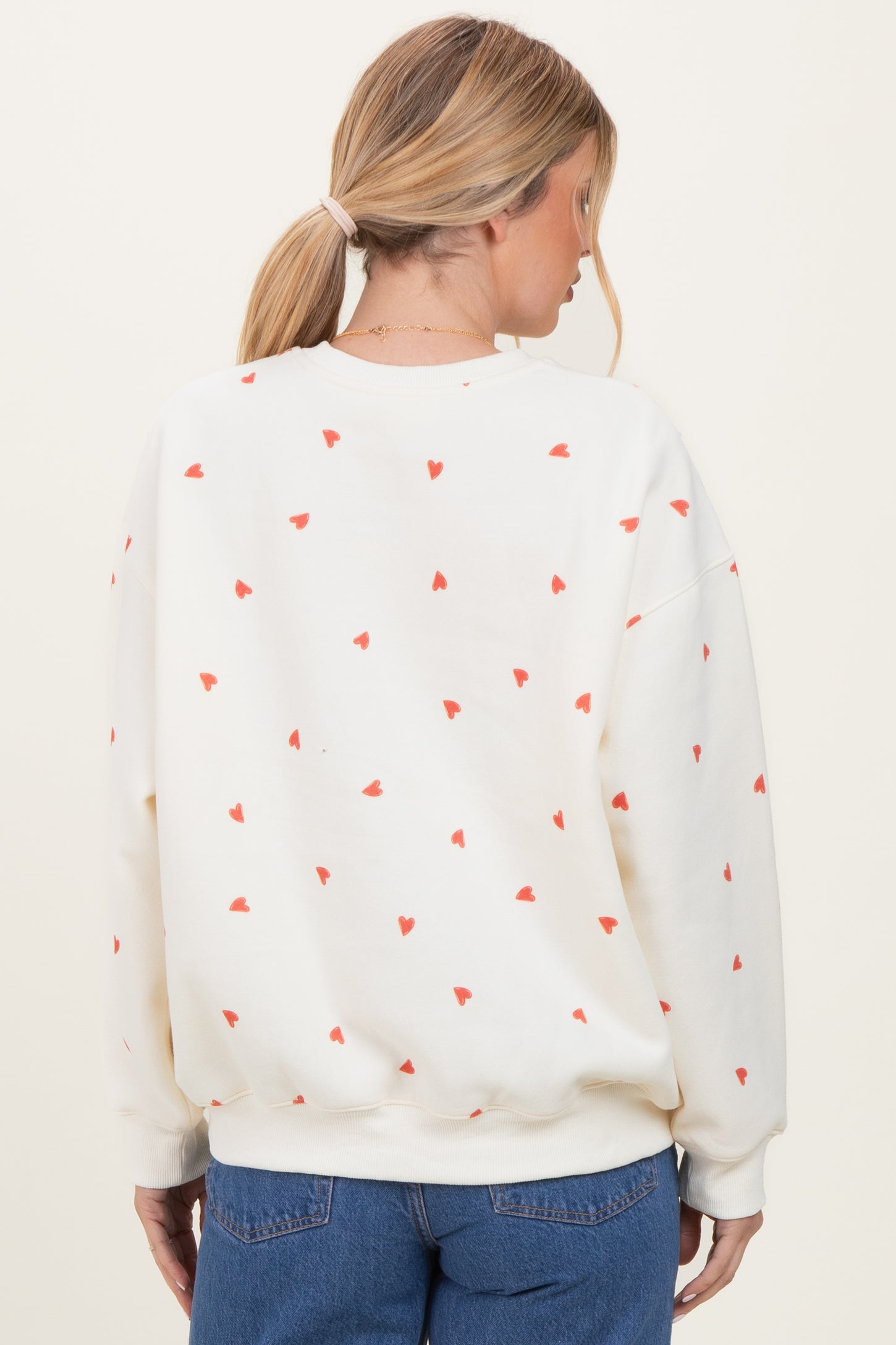 Cream Crew Neck Heart Print Sweatshirt