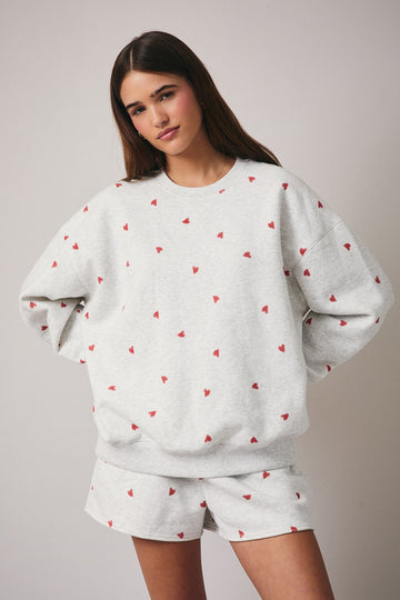 Heather Grey Crew Neck Heart Print Sweatshirt