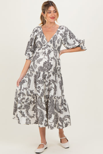 Black Damask Smocked Ruffle Tier Maternity Midi Dresses
