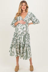 Olive Damask Smocked Ruffle Tier Maternity Midi Dresses