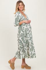 Olive Damask Smocked Ruffle Tier Maternity Midi Dresses
