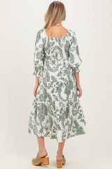 Olive Damask Smocked Ruffle Tier Maternity Midi Dresses
