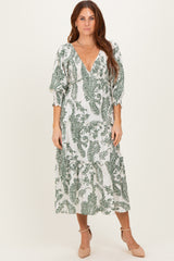 Olive Damask Smocked Ruffle Tier Midi Dresses