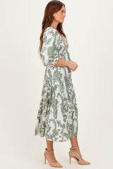 Olive Damask Smocked Ruffle Tier Midi Dresses