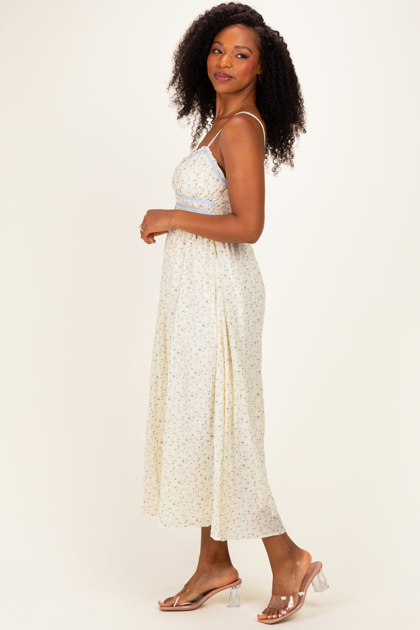 Cream Floral Contrast Trim Sleeveless Maxi Dress