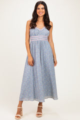 Light Blue Floral Contrast Trim Sleeveless Maxi Dress
