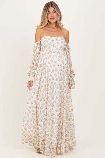 Orange Floral Lace Smocked Long Sleeve Off Shoulder Maternity Maxi Dress