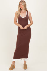 Brown Knit V-Neck Contrast Ruffle Hem Maxi Dress