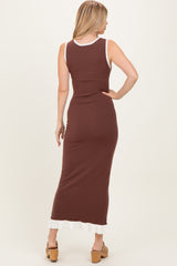 Brown Knit V-Neck Contrast Ruffle Hem Maxi Dress