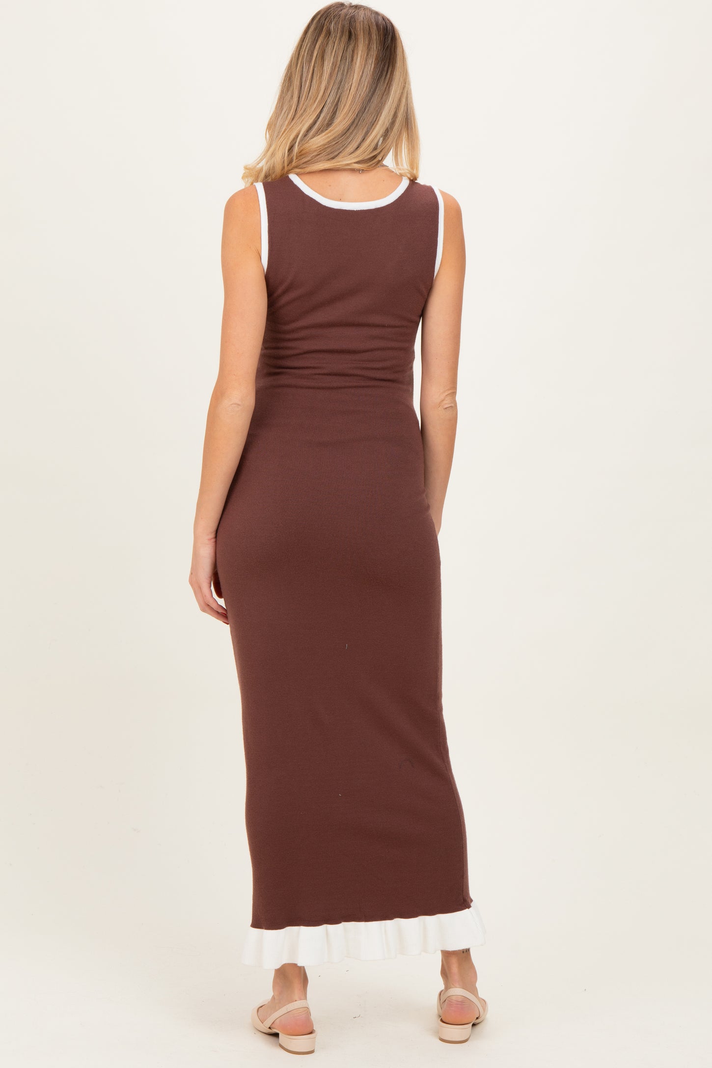 Brown Knit V-Neck Contrast Ruffle Hem Maternity Maxi Dress
