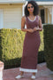 Brown Knit V-Neck Contrast Ruffle Hem Maxi Dress