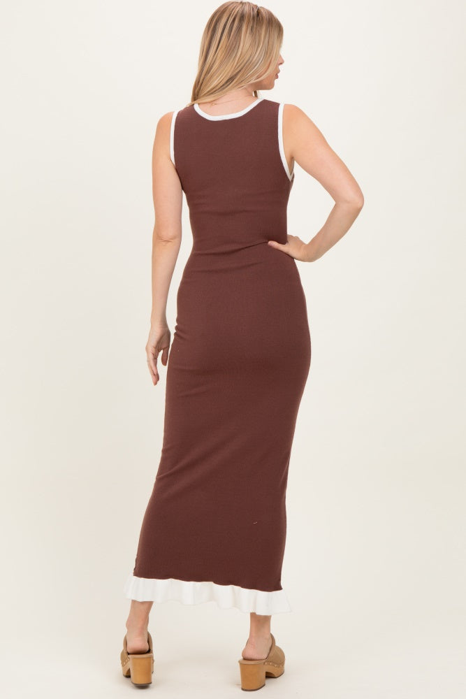 Brown Knit V-Neck Contrast Ruffle Hem Maxi Dress