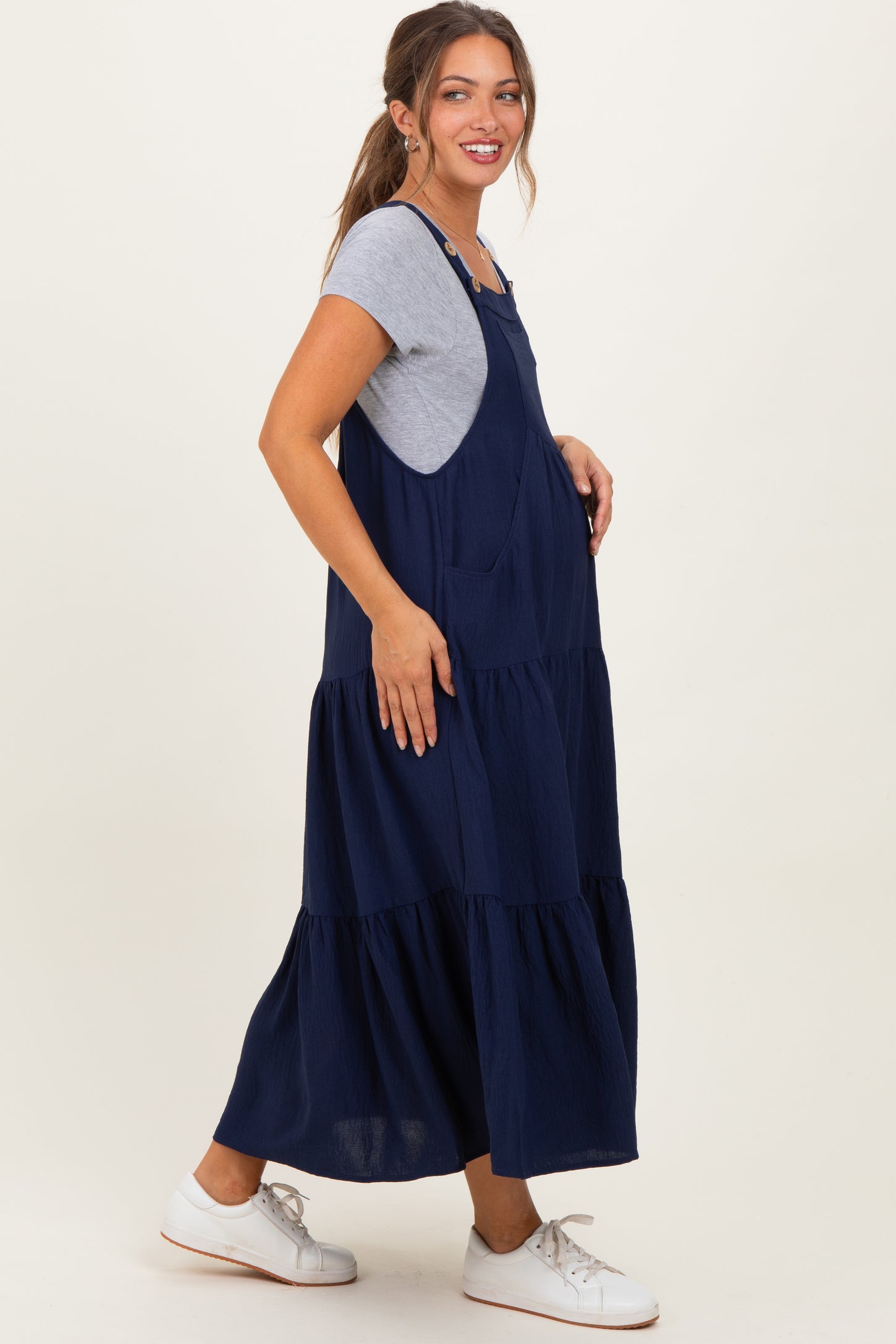 Navy Blue Button Sling Tiered Maternity Midi Dress