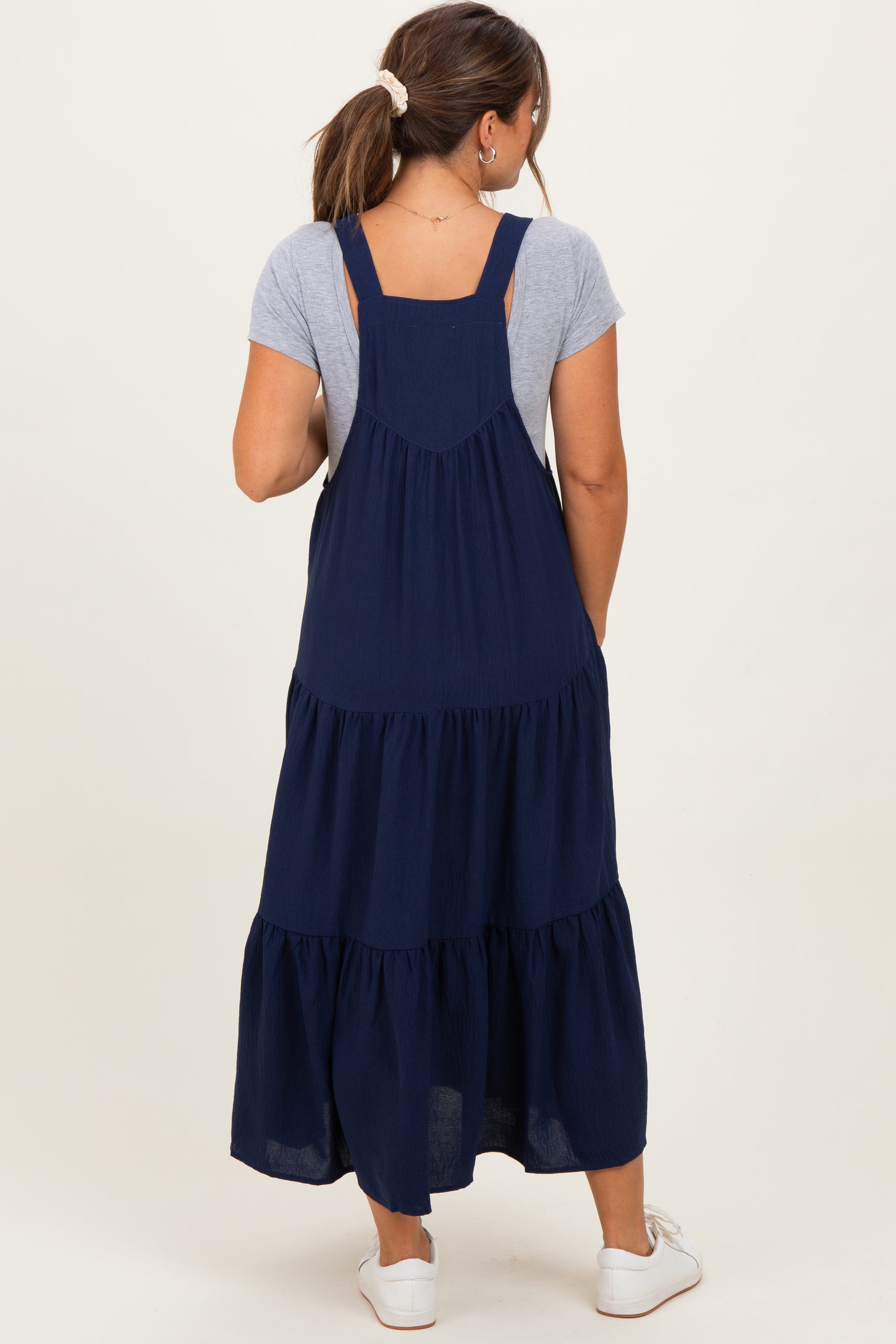 Navy Blue Button Sling Tiered Maternity Midi Dress