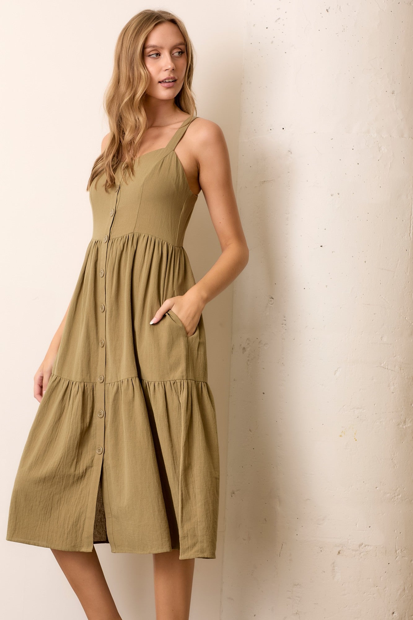Olive Sleeveless Button Down Tiered Midi Dress