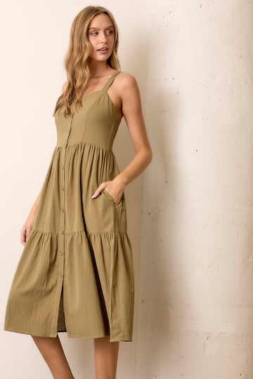 Olive Sleeveless Button Down Tiered Midi Dress