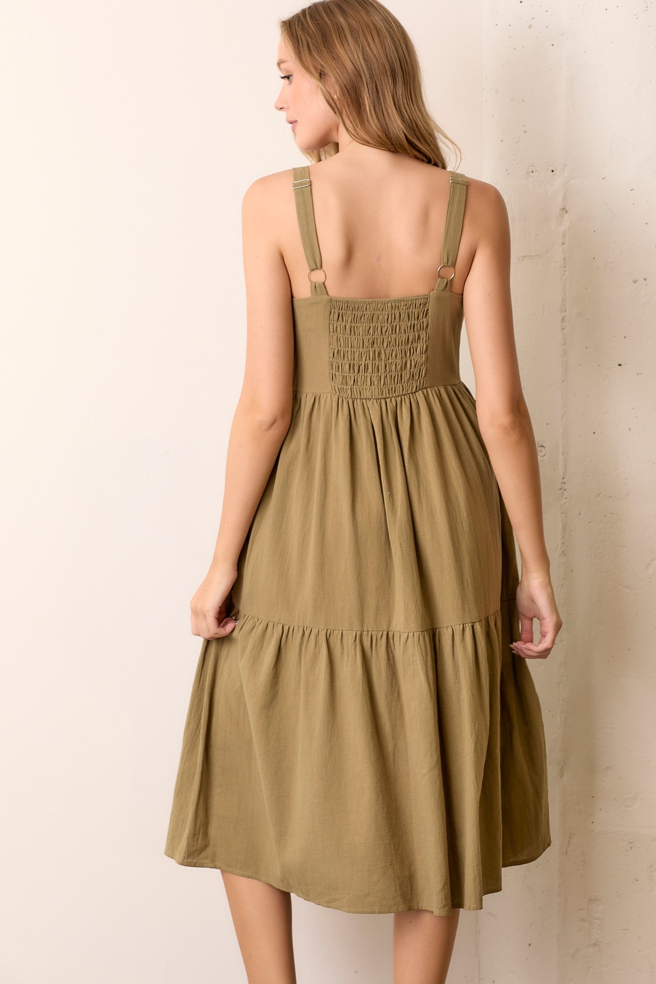 Olive Sleeveless Button Down Tiered Midi Dress