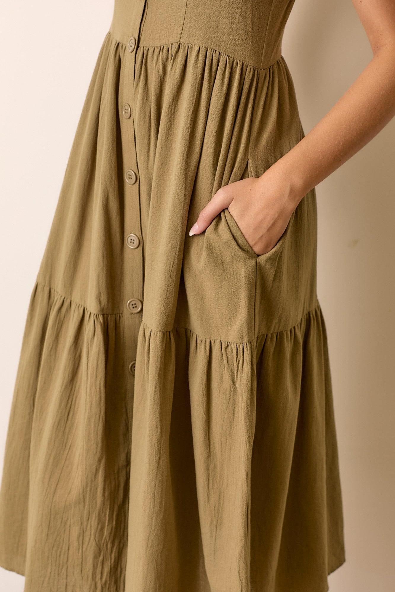 Olive Sleeveless Button Down Tiered Midi Dress