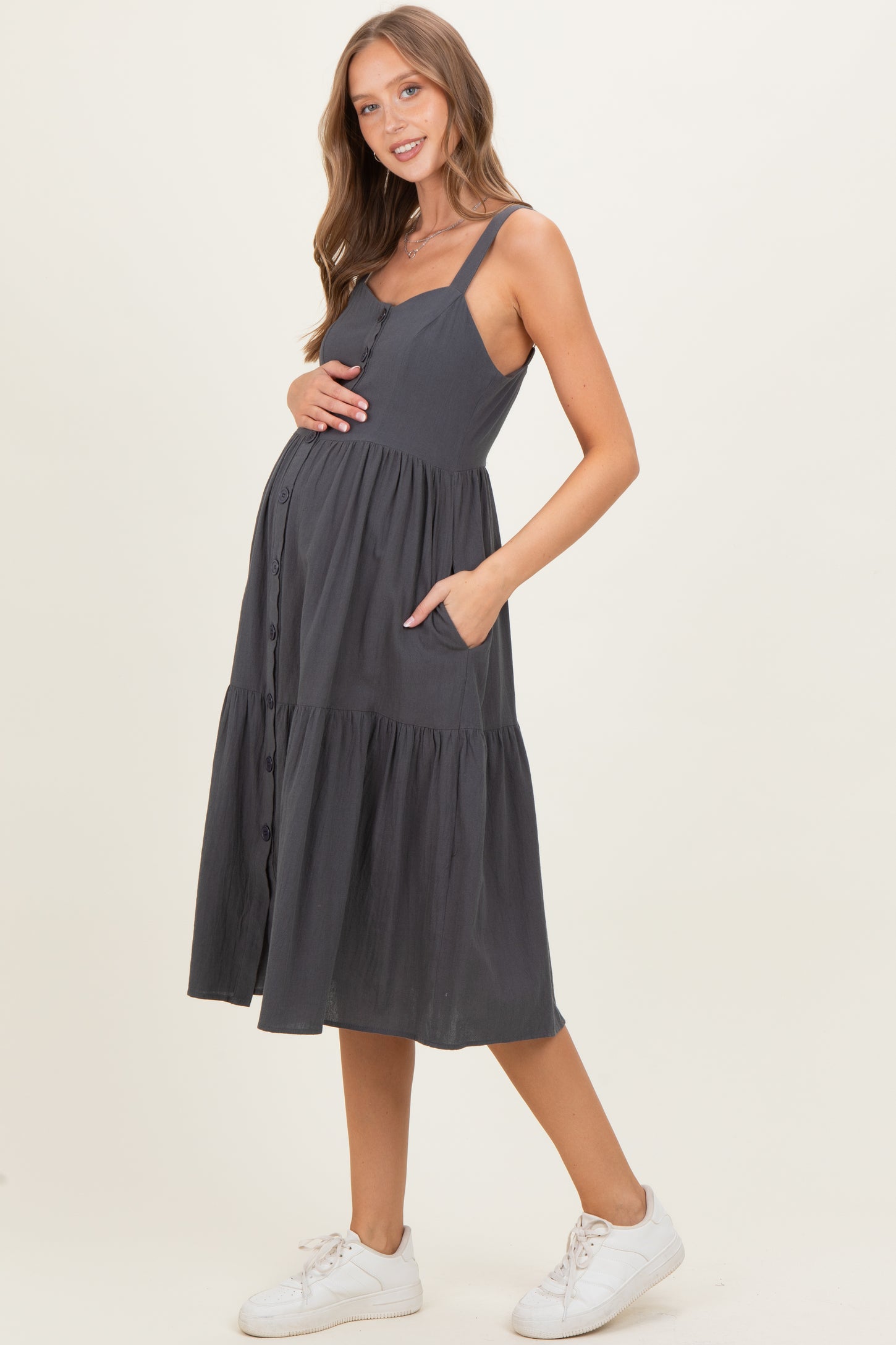 Charcoal Sleeveless Button Down Tiered Maternity Midi Dress