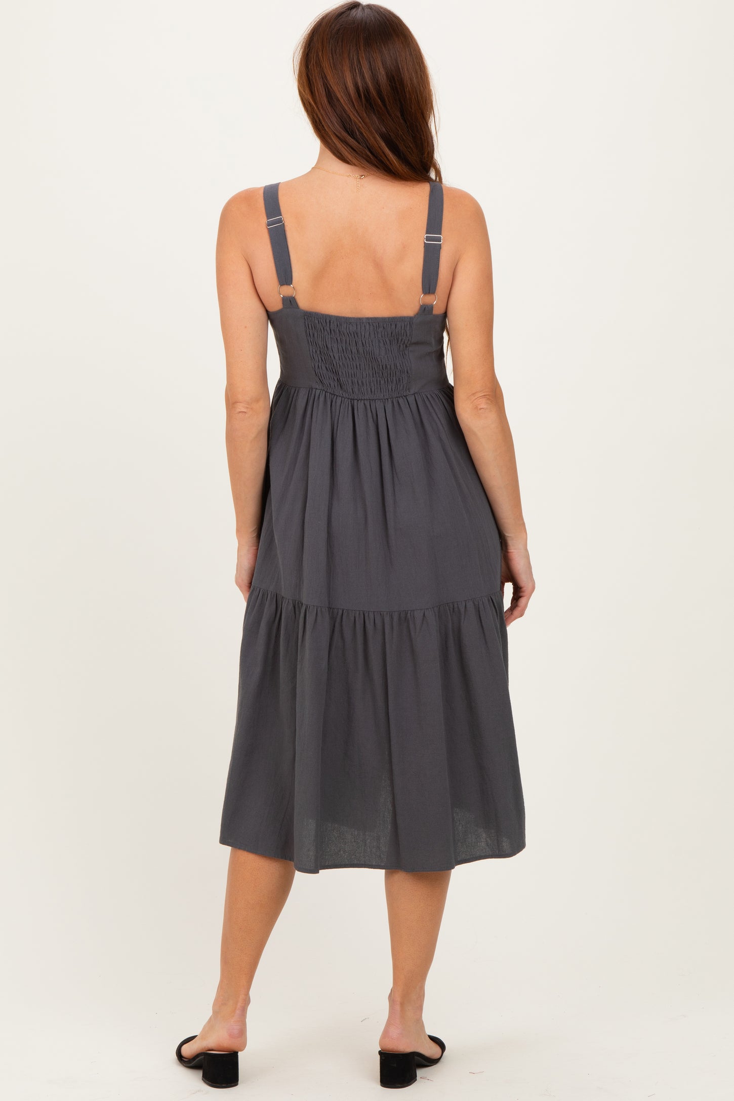 Charcoal Sleeveless Button Down Tiered Midi Dress