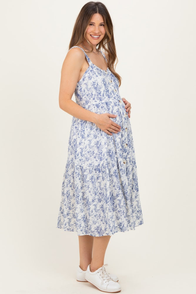 Blue Floral Button Down Tiered Maternity Dress