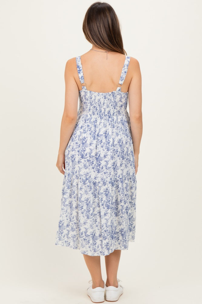 Blue Floral Button Down Tiered Maternity Dress