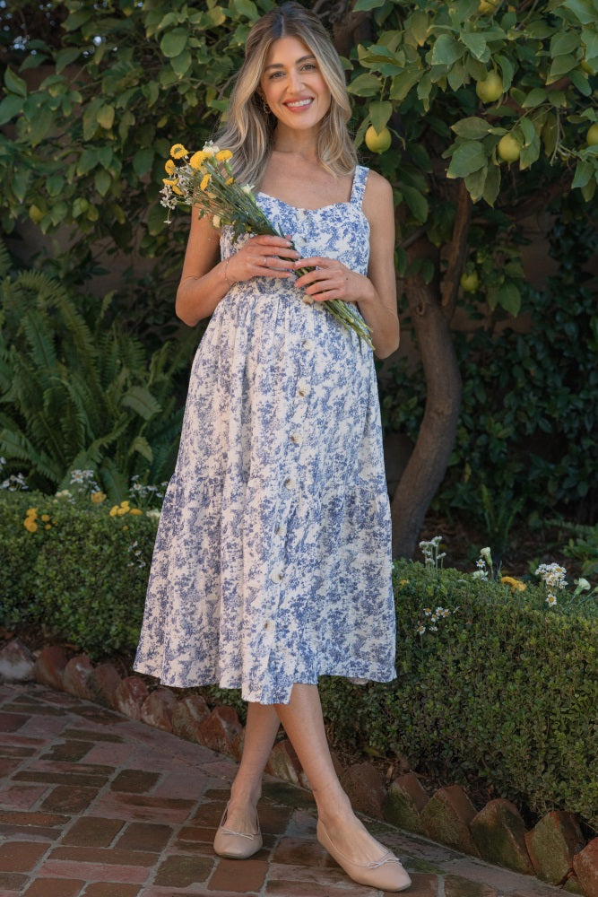 Blue Floral Button Down Tiered Maternity Dress