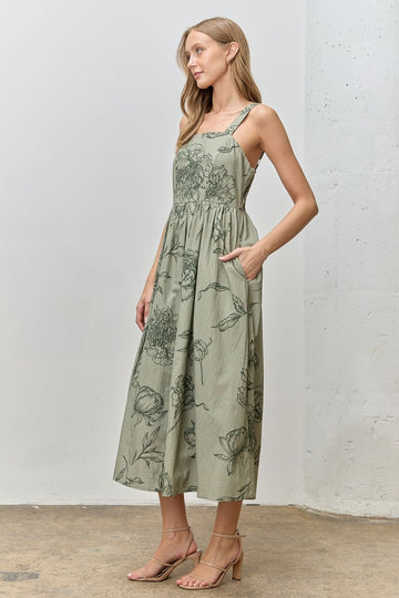 Light Olive Floral Sleeveless Midi Dress