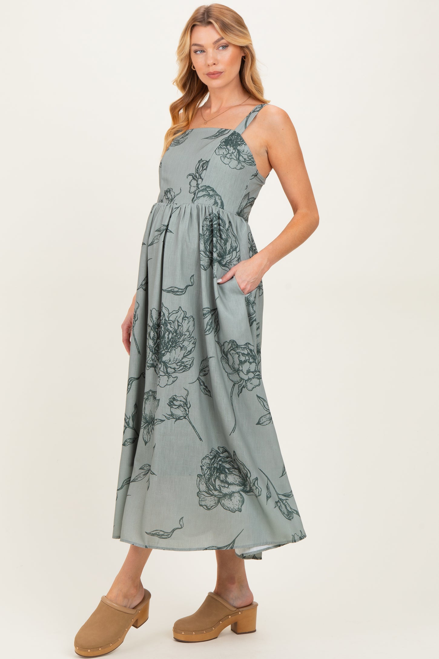 Light Olive Floral Sleeveless Maternity Midi Dress