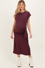 Maroon Side Tie Side Slit Maternity Midi Dress