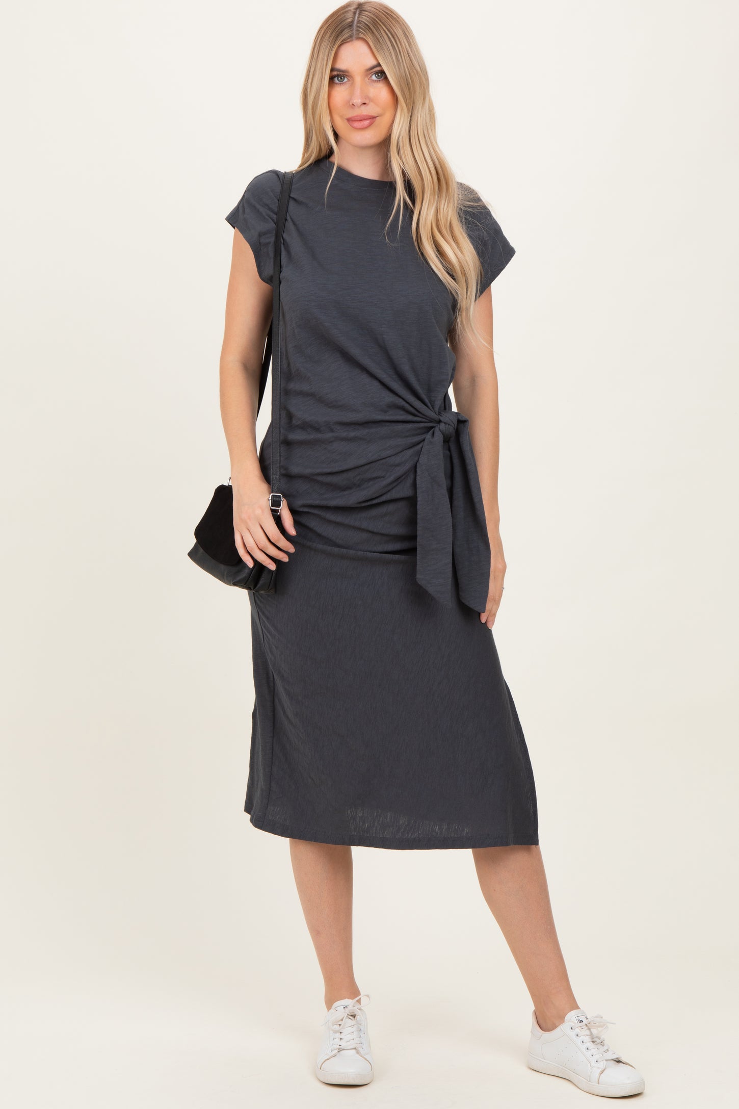 Charcoal Side Tie Side Slit Midi Dress