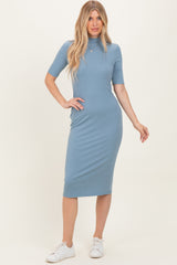 Dusty Blue Ribbed Mock Neck Midi Dress