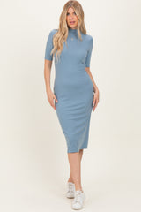Dusty Blue Ribbed Mock Neck Midi Dress