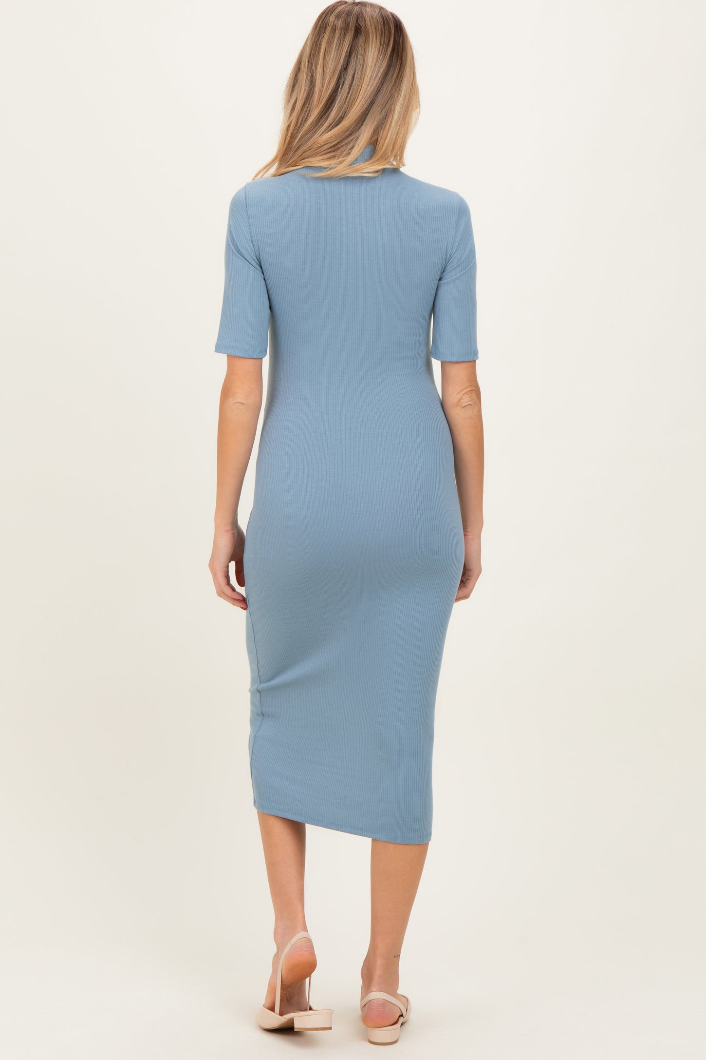 Dusty Blue Ribbed Mock Neck Maternity Midi Dress