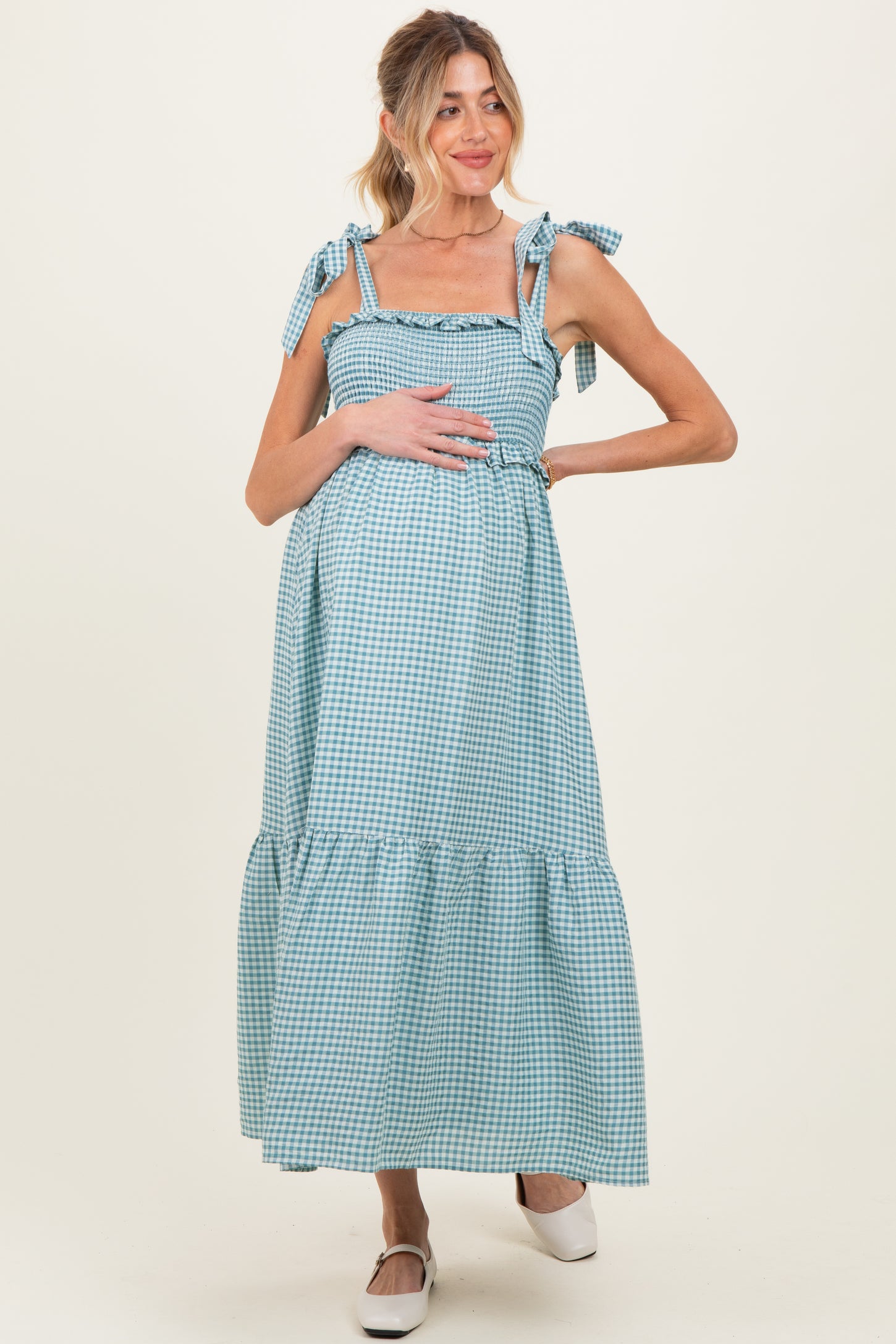 Blue Gingham Smocked Shoulder Tie Maternity Midi Dress