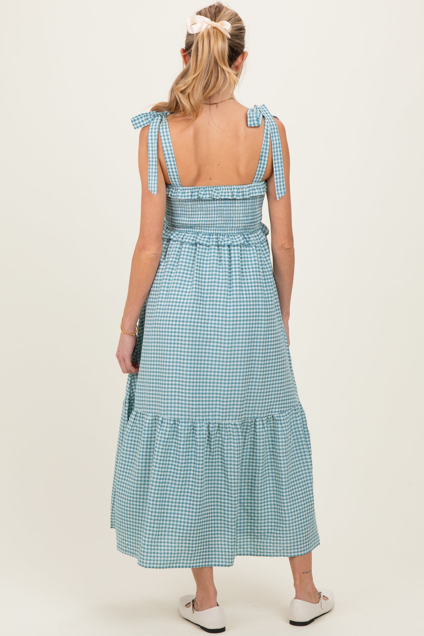 Blue Gingham Smocked Shoulder Tie Maternity Midi Dress