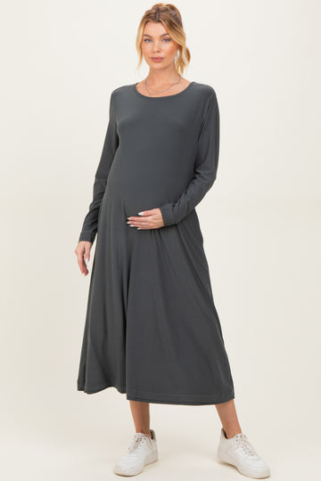 Olive Relaxed Fit Long Sleeve Basic Maternity Dress