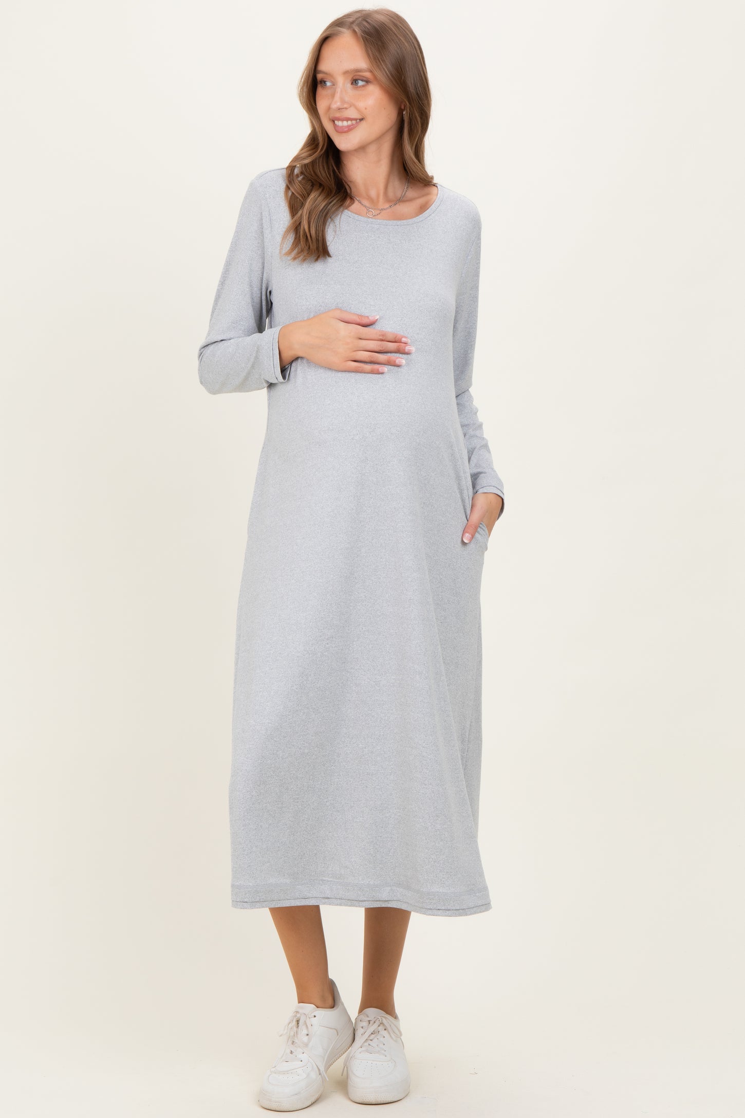Heather Grey Relaxed Fit Long Sleeve Basic Maternity Dress