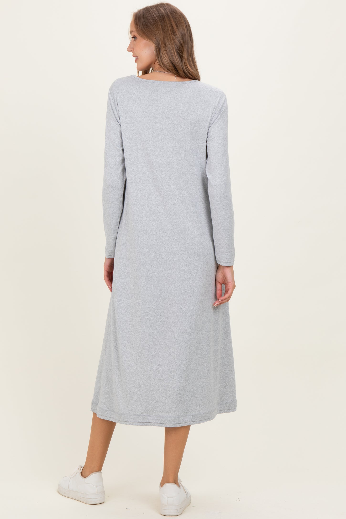 Heather Grey Relaxed Fit Long Sleeve Basic Maternity Dress