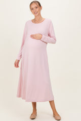 Blush Pink Relaxed Fit Long Sleeve Basic Maternity Dress