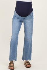 Light Blue Distressed Frayed Hem Slim Maternity Wide Leg Jeans