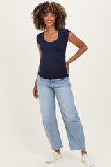 Light Blue Distressed Barrel Leg Maternity Jeans