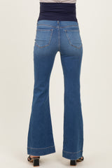 maternity wear blue flared jeans shown from the back with a comfortable waistband