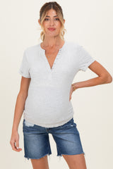 Navy Distressed Frayed Hem Midi Maternity Jean Shorts