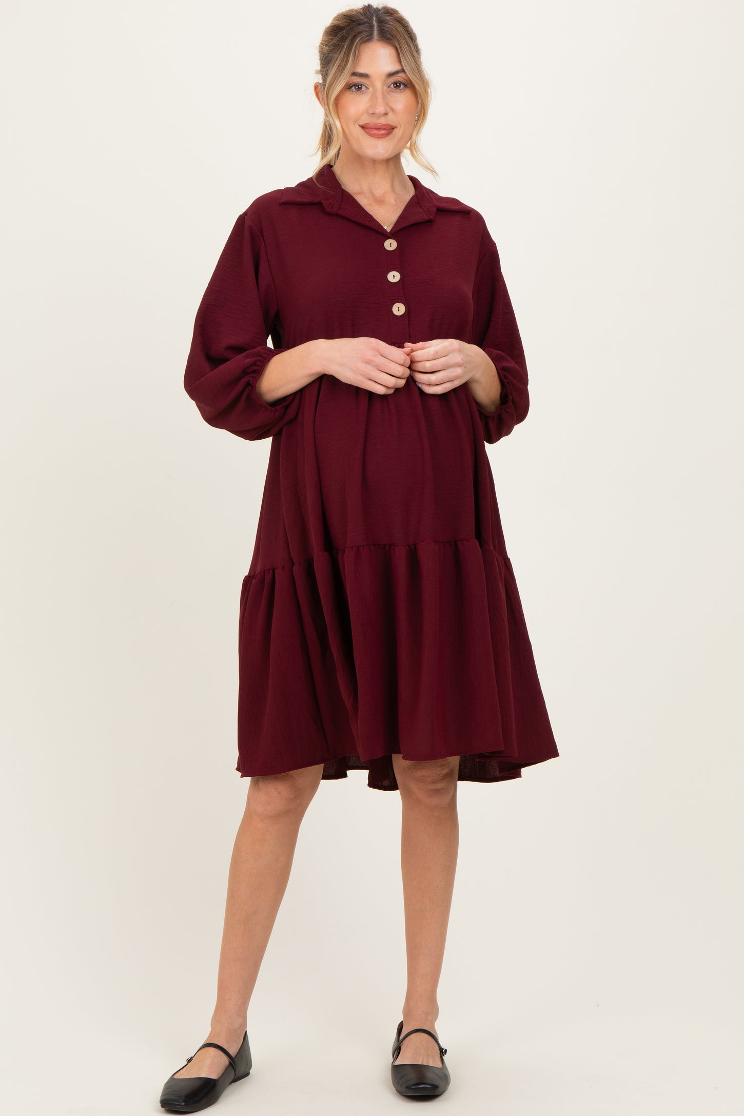 Burgundy Long Sleeve Button Down Collared Tiered Maternity Dress