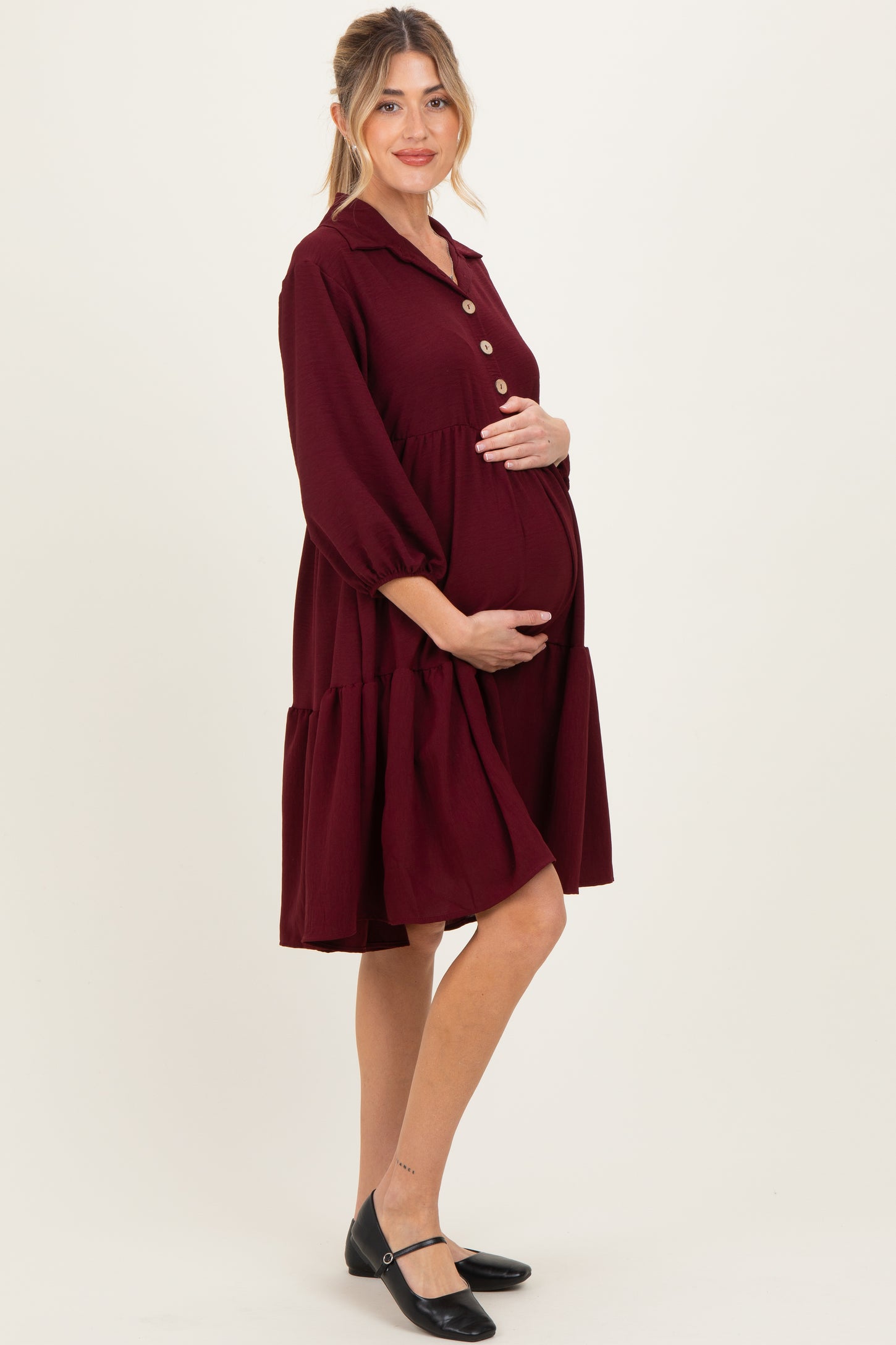 Burgundy Long Sleeve Button Down Collared Tiered Maternity Dress