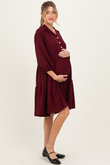 Burgundy Long Sleeve Button Down Collared Tiered Maternity Dress