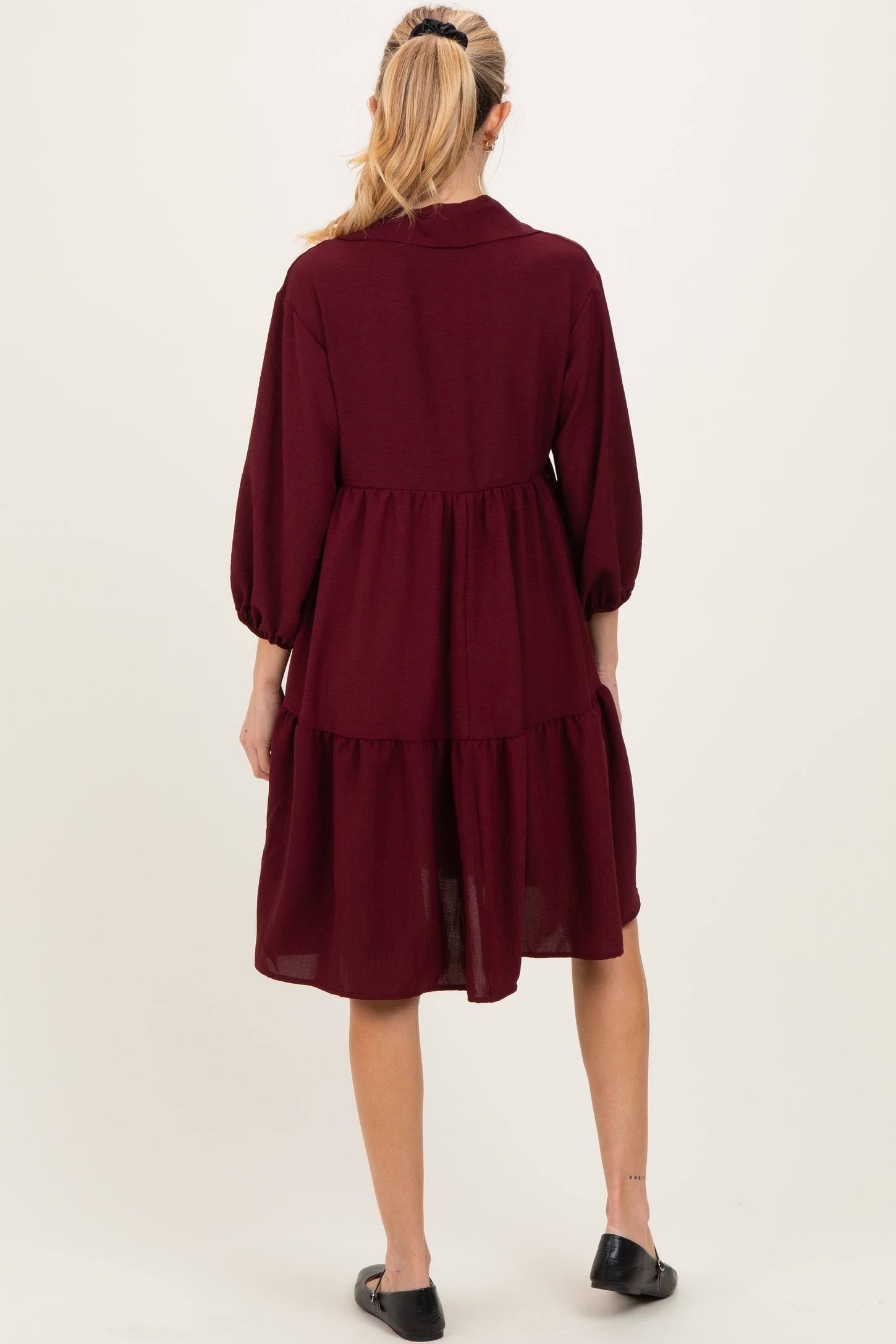 Burgundy Long Sleeve Button Down Collared Tiered Maternity Dress