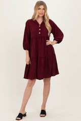 Burgundy Long Sleeve Button Down Collared Tiered Dress